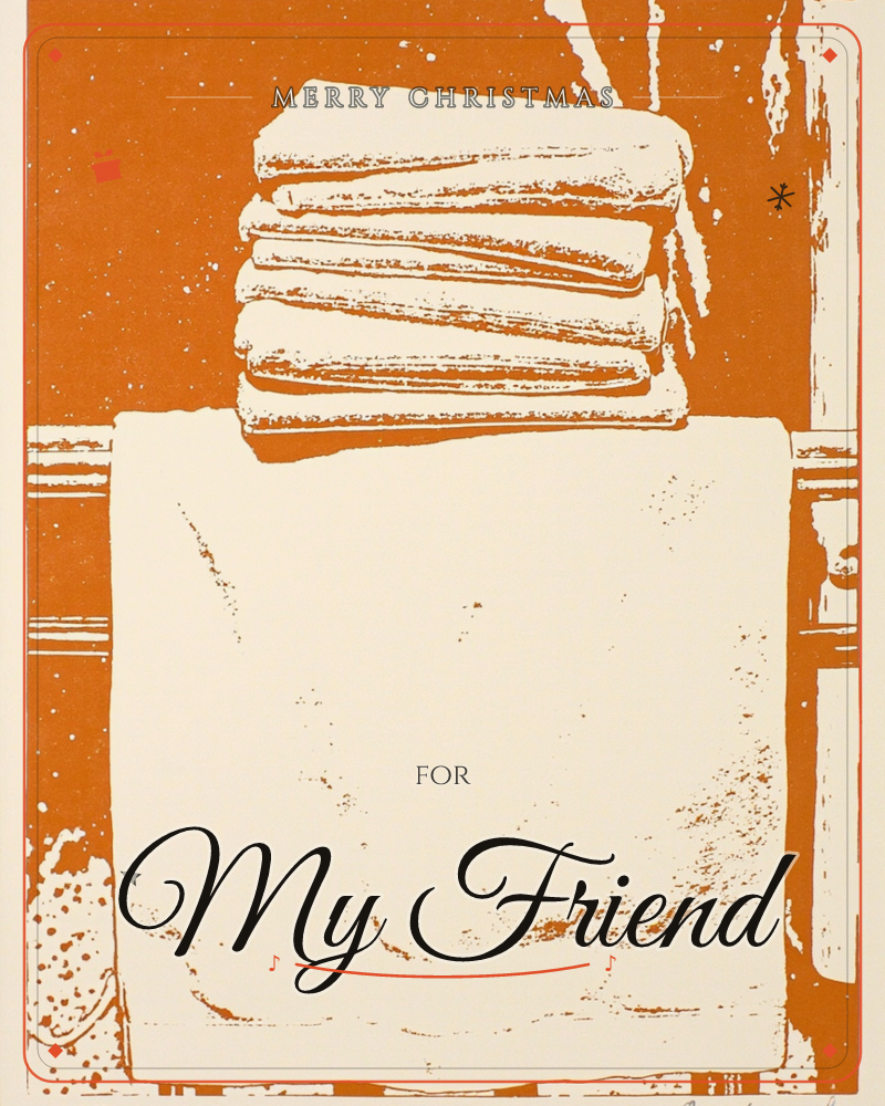 A stack of folded towels sits on a draped cloth, rendered in bold burnt-orange and cream with a loose, printmaker's texture of splatters and scratchy…, a christmas e-card design