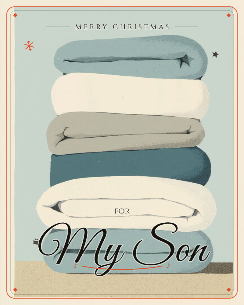 A tidy stack of six folded blankets sits on a plain tan surface against a soft mint-green background, alternating in shades of blue, white, and grey, a christmas e-card design