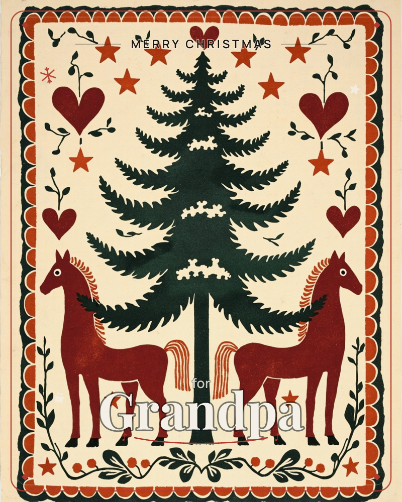 A folk-art print in flat dark green, brick red, and cream, no shading, a christmas e-card design