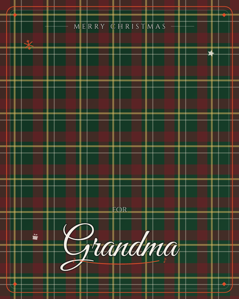 A dense tartan plaid fills the whole card, deep forest green and brick red crossed with thin gold and white lines, a christmas e-card design by @DittyCityTeam