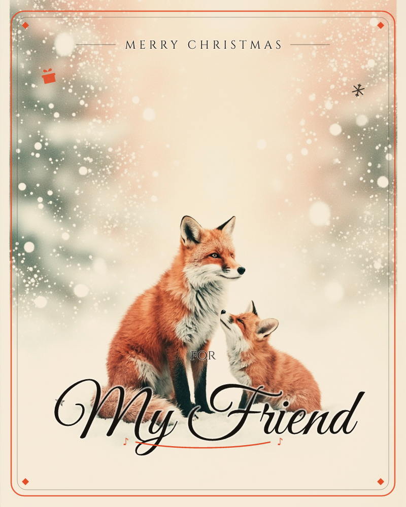 An adult fox sits upright in fresh snow while a smaller fox looks up at it, nose tilted toward its chin, a christmas e-card design