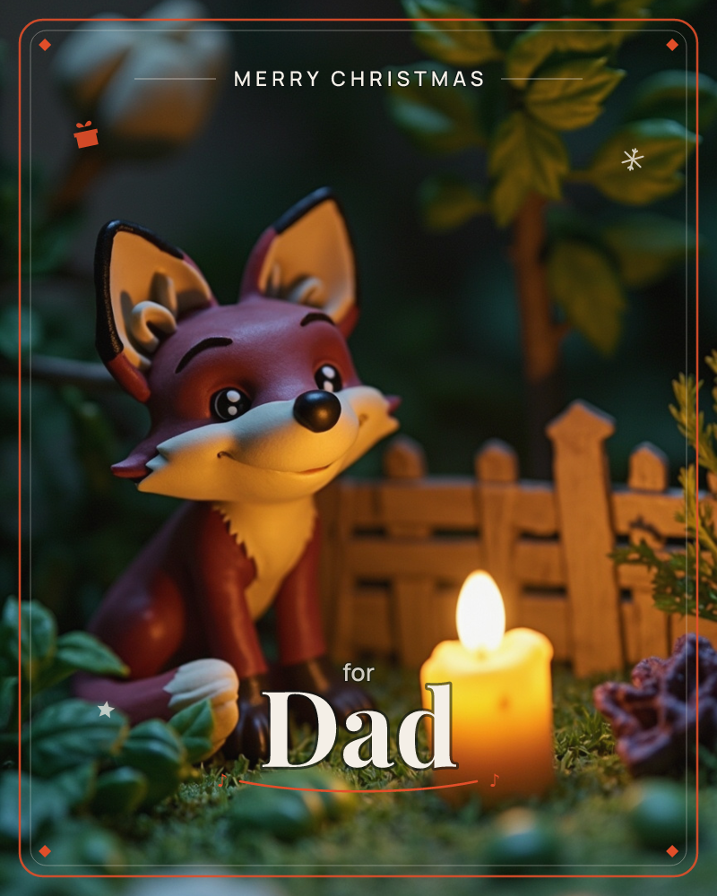A small toy fox figurine sits in a mossy miniature garden beside a glowing candle, its warm light flickering against a tiny wooden picket fence and…, a christmas e-card design