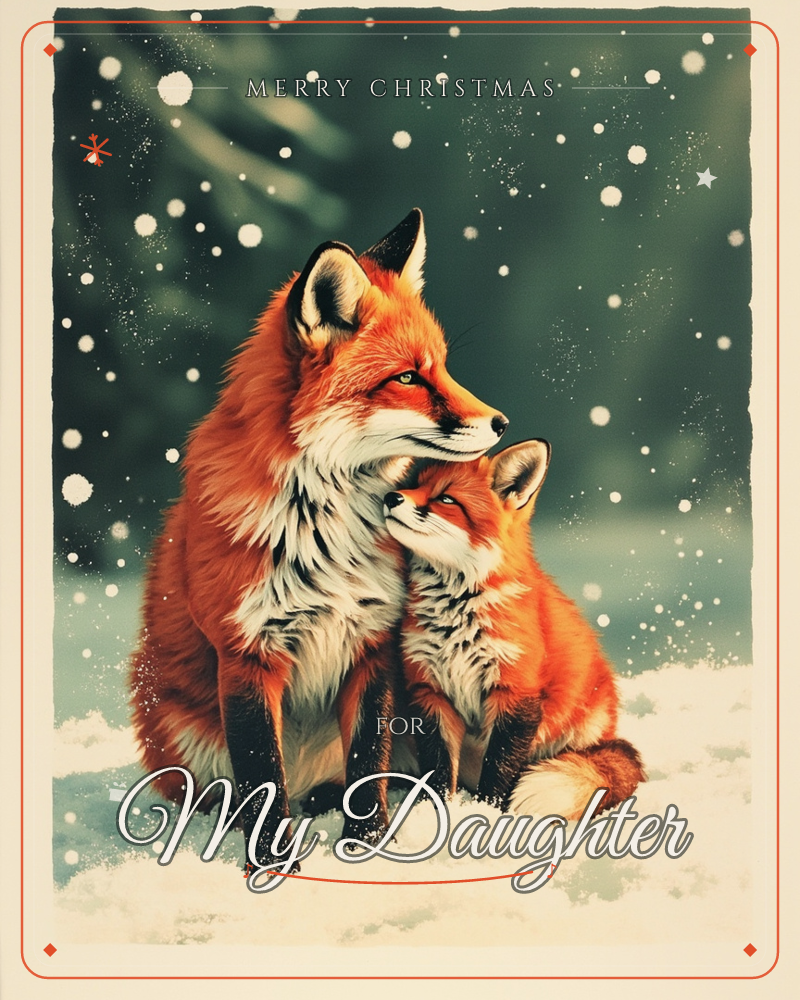 Two red foxes sit close together in falling snow, one nuzzling gently against the other's neck, set against a deep green blurred forest backdrop, a christmas e-card design