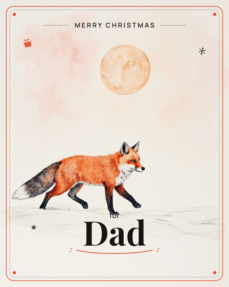 A red fox trots alone across a pale, snowy ridge beneath a large peach-toned moon, its russet coat and black legs sharply detailed against a soft…, a christmas e-card design