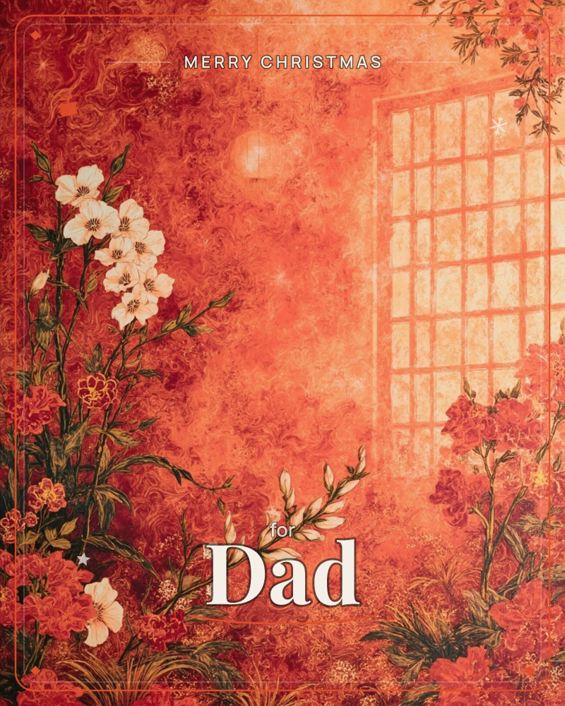 A glowing paned window casts warm light across a swirling orange-red backdrop, framed by clusters of white and red blossoms climbing along slender…, a christmas e-card design