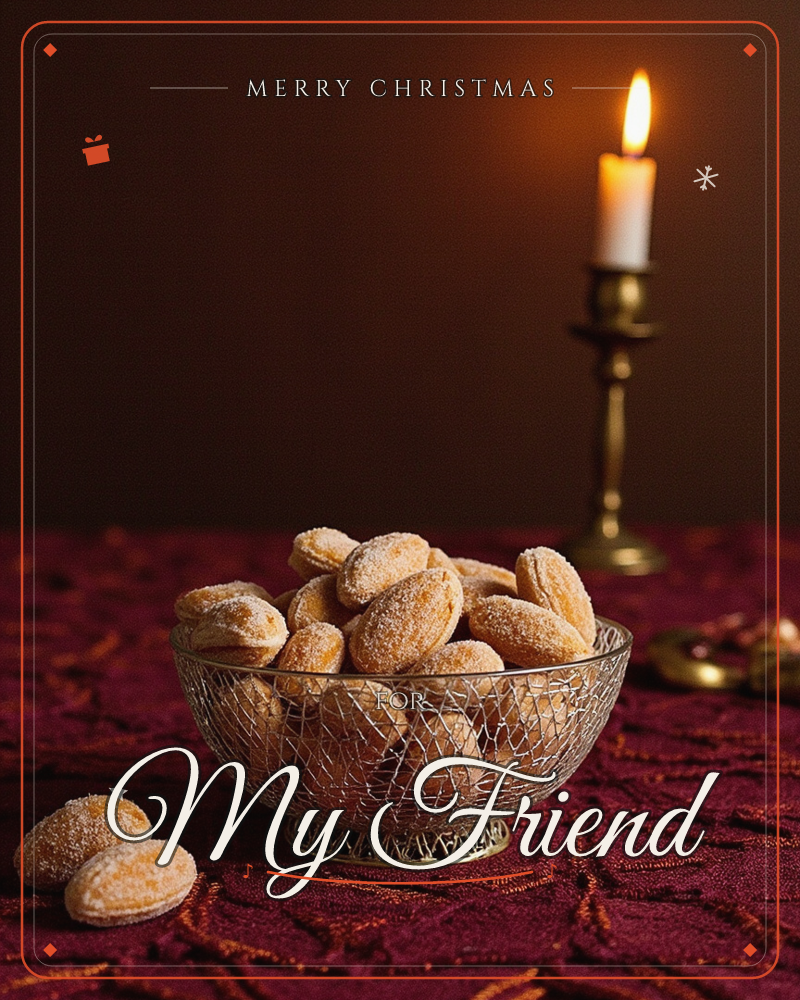 A wire basket heaped with sugar-dusted almond cookies sits on a dark red embroidered cloth, with two more cookies fallen beside it, a christmas e-card design