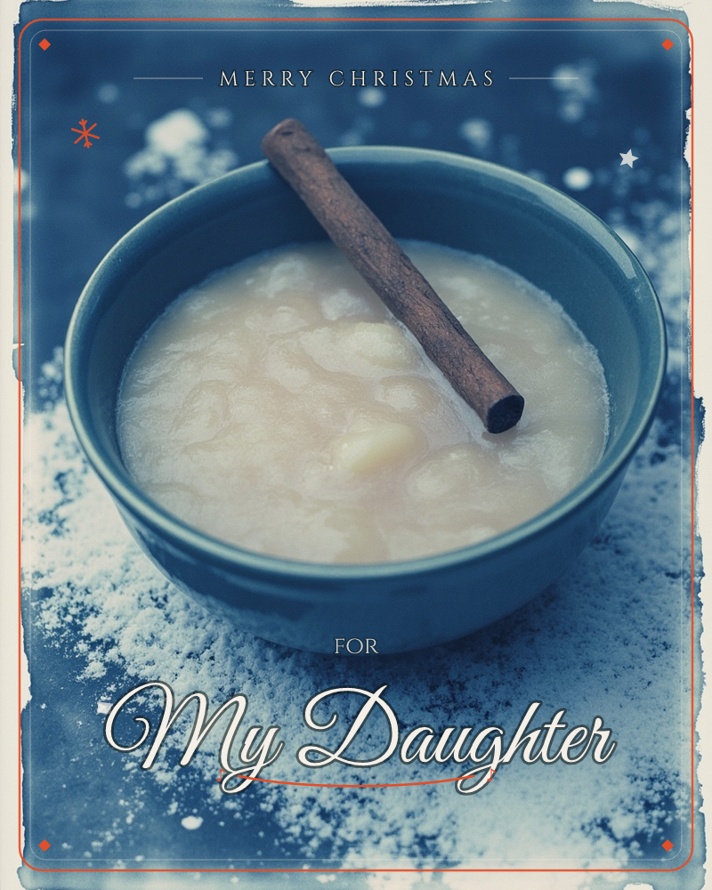 A blue-glazed bowl of pale, chunky applesauce sits in a scatter of powdery snow-like sugar, a single cinnamon stick laid across the top, a christmas e-card design