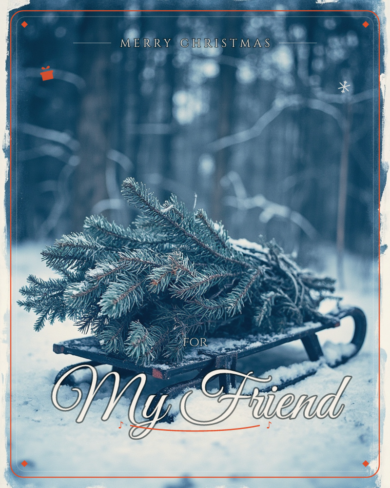 An old wooden sledge rests in the snow, piled with freshly cut pine branches, set against a blurred backdrop of bare winter trees, a christmas e-card design