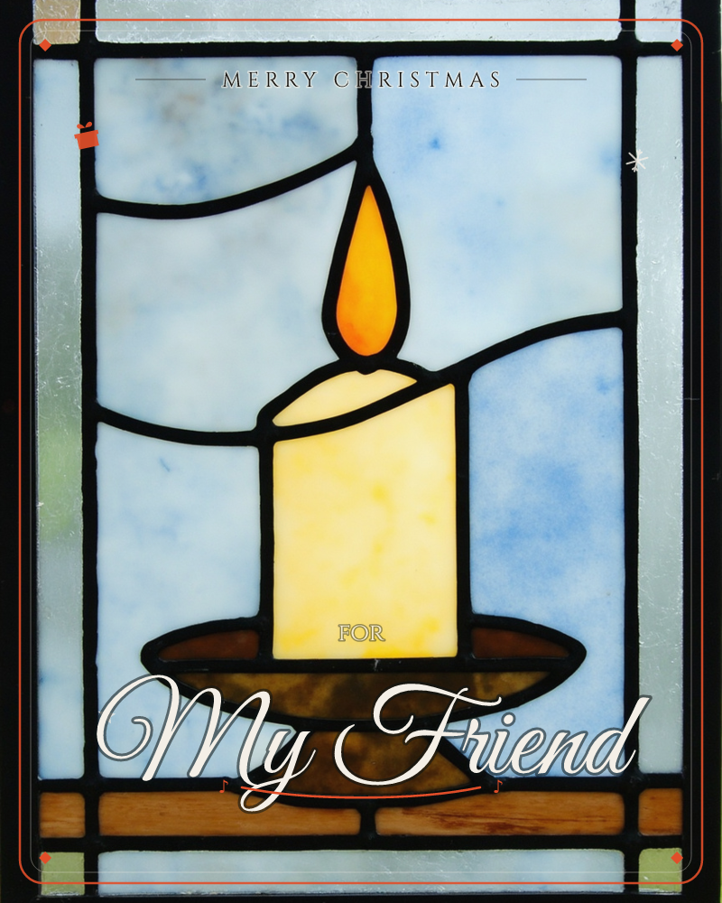 A stained-glass panel shows a single lit candle standing on a bronze-toned dish, its flame a bright teardrop of orange against a mottled sky-blue…, a christmas e-card design