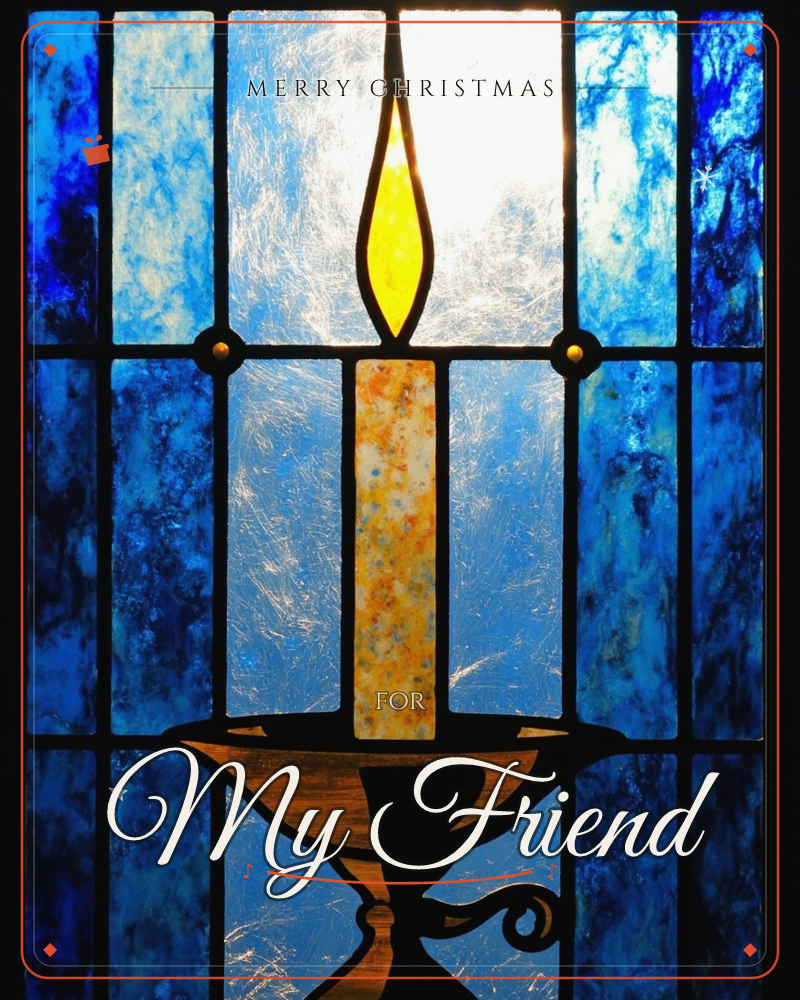 A stained-glass panel shows a single lit candle in a dark scroll-footed holder, its flame glowing amber-yellow against a backdrop of mottled blue and…, a christmas e-card design