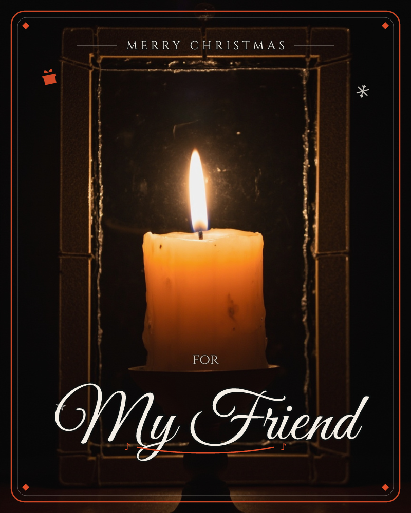 A single pillar candle burns on a small dark holder, its flame glowing brightly against a stained-glass window frame lost in shadow, a christmas e-card design