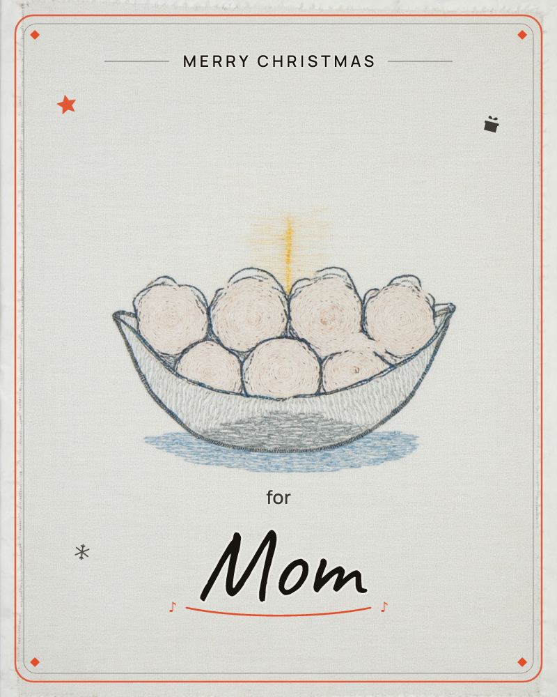 An embroidered illustration on textured linen shows a shallow boat-shaped bowl filled with round, bun-like forms, each stitched with a spiralling…, a christmas e-card design