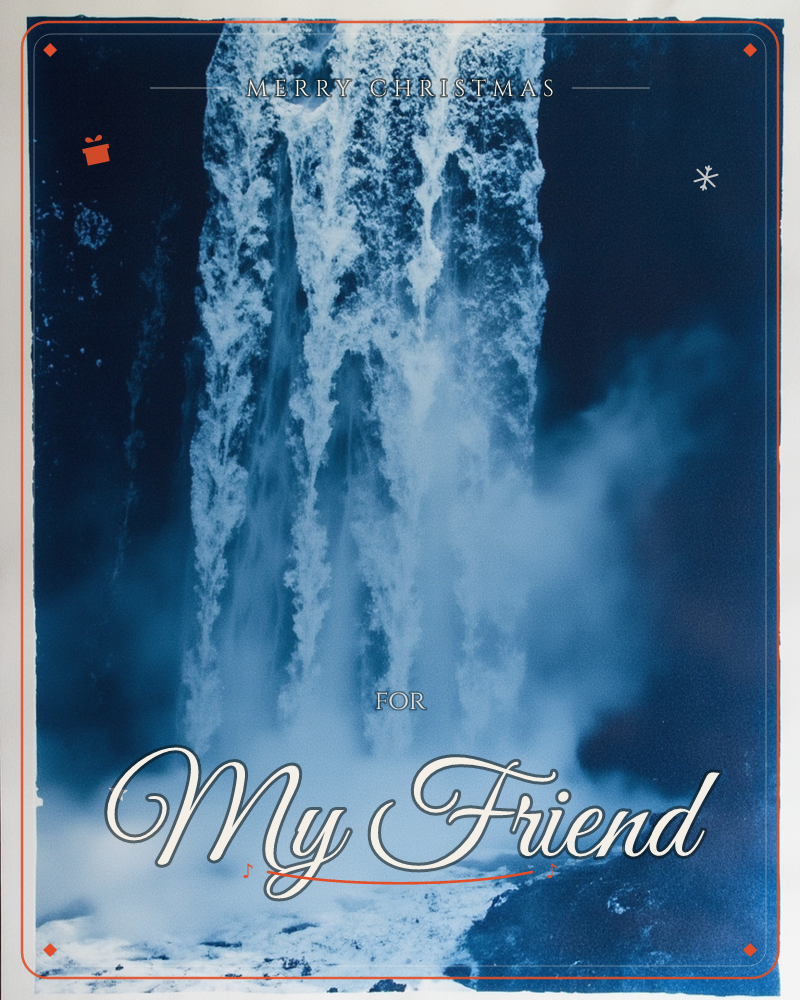 A cascading waterfall plunges through dark rock, rendered entirely in deep indigo and cyanotype blue, with billowing mist rising at its base, a christmas e-card design