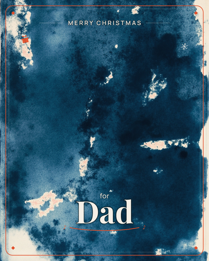 An abstract wash of deep indigo blue spreads across the page like ink bleeding through wet paper, broken by pale cream blooms where the pigment pulled…, a christmas e-card design