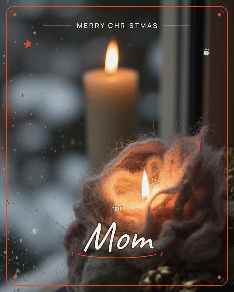 A candle flickers inside a nest of soft, felted wool set on a windowsill, while a plain pillar candle glows behind it against a snowy dusk outside the…, a christmas e-card design