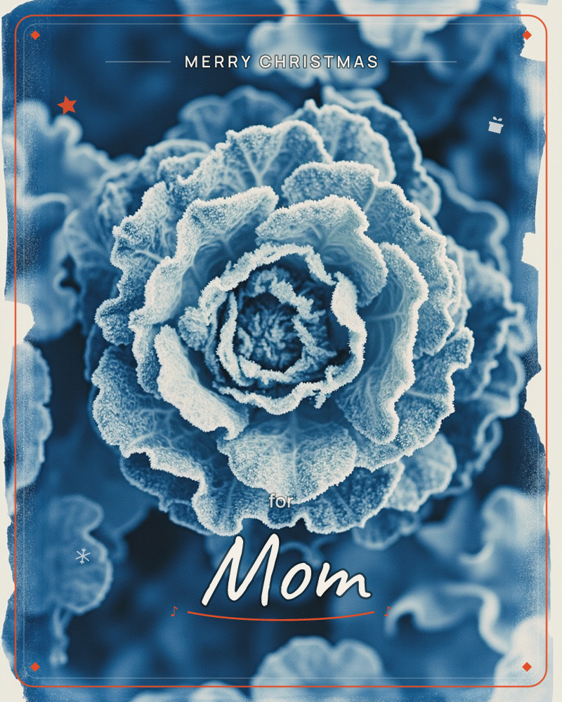 A cyanotype-style close-up shows a ruffled ornamental cabbage or rose-like bloom, its curled petal edges rimmed with frost, printed in deep indigo blue…, a christmas e-card design