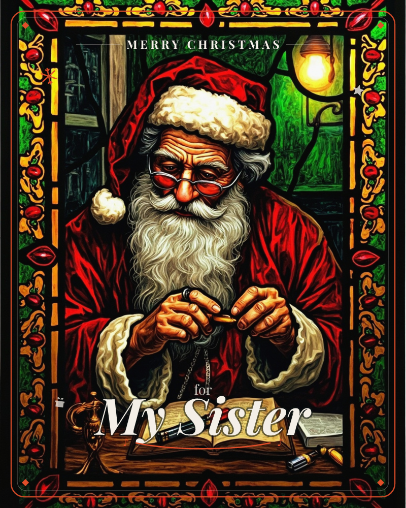 A weathered Santa in round red spectacles sits bent over an open ledger, threading a small ornament between ink-stained fingers by lamplight, a christmas e-card design