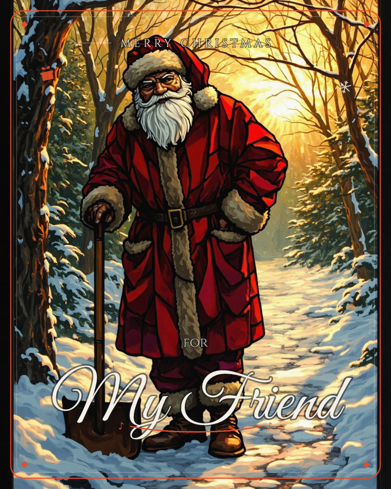 Santa Claus stands on a snow-covered forest path, leaning on a shovel, with bare trees and pines lining the trail and golden late-day sun glowing…, a christmas e-card design