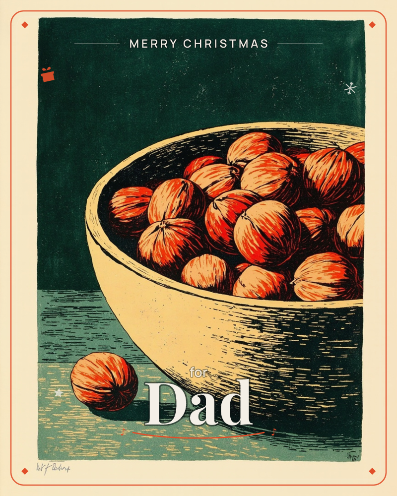 A pale wooden bowl sits heaped with round orange fruit, striped like small pumpkins or tangerines, one having rolled loose onto the table beside it, a christmas e-card design