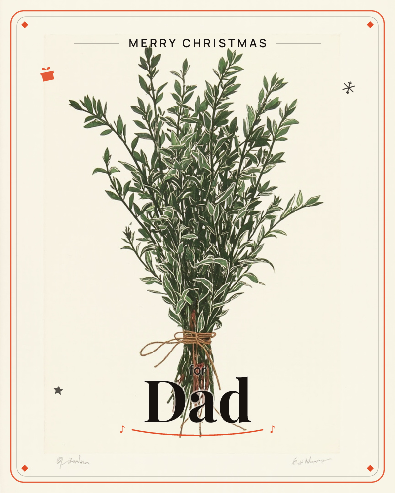 A bundle of leafy herb sprigs stands upright against a plain cream background, tied at the stems with a simple twine bow, a christmas e-card design