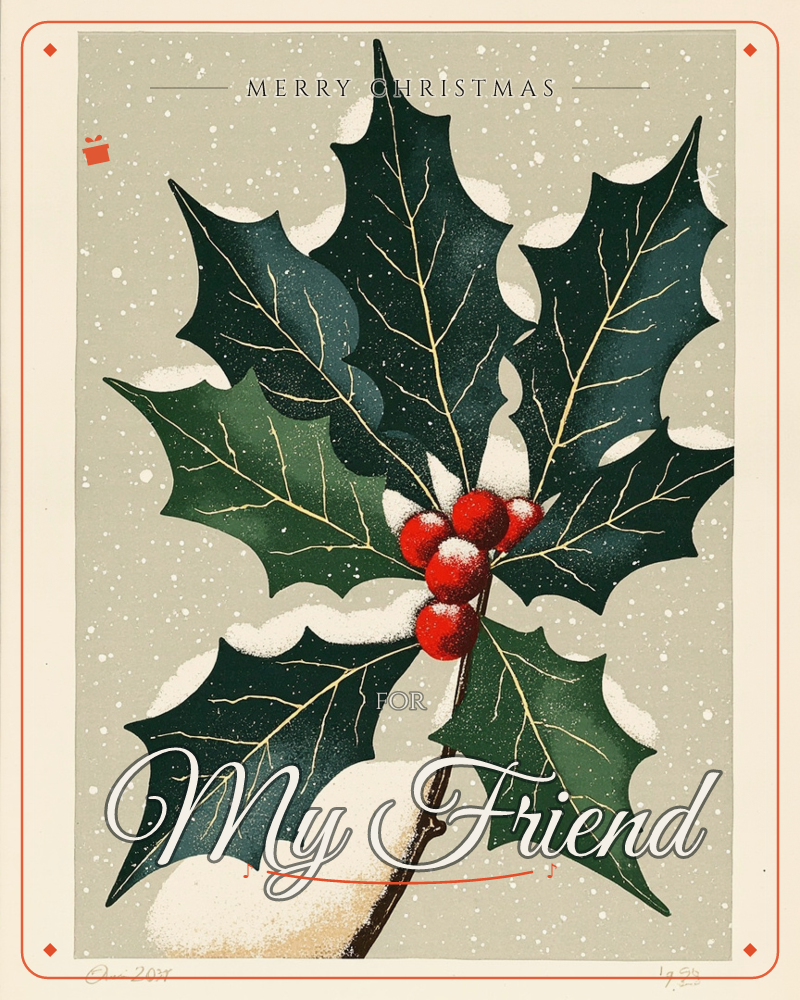 A single holly sprig fills the card, its dark green leaves dusted with soft snow and clustered red berries glowing at the centre, a christmas e-card design