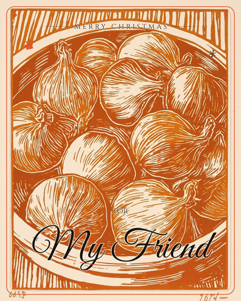 A wide bowl is piled high with garlic bulbs, each papery layer picked out in fine linocut hatching against a rich burnt-orange ground, a christmas e-card design