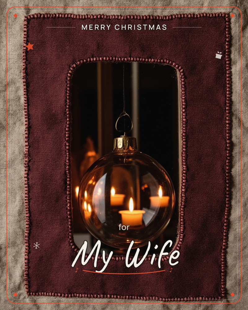 A photographic card centred on a clear glass bauble hanging against a dark background, its curved surface reflecting the warm glow of small lit candles, a christmas e-card design