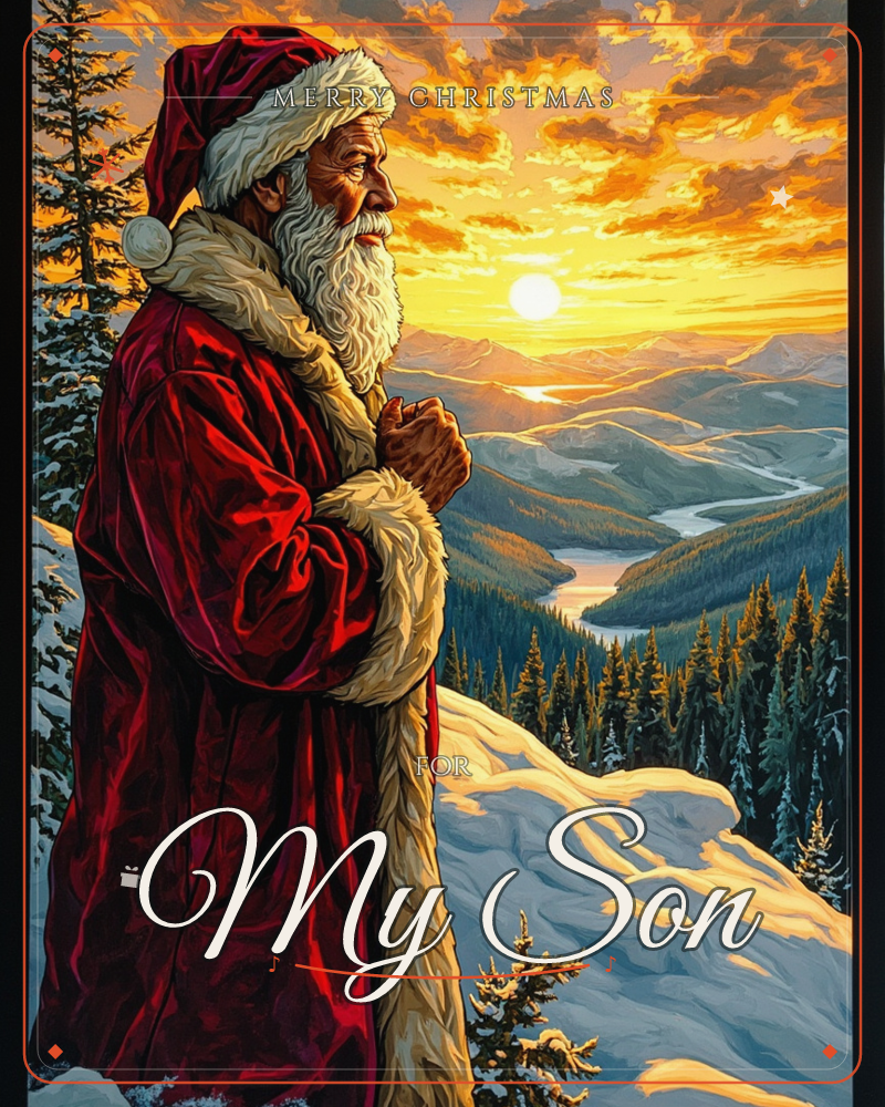Santa stands in profile atop a snowy mountain ridge, hands clasped before him as he watches a blazing sunset over a winding river valley, a christmas e-card design