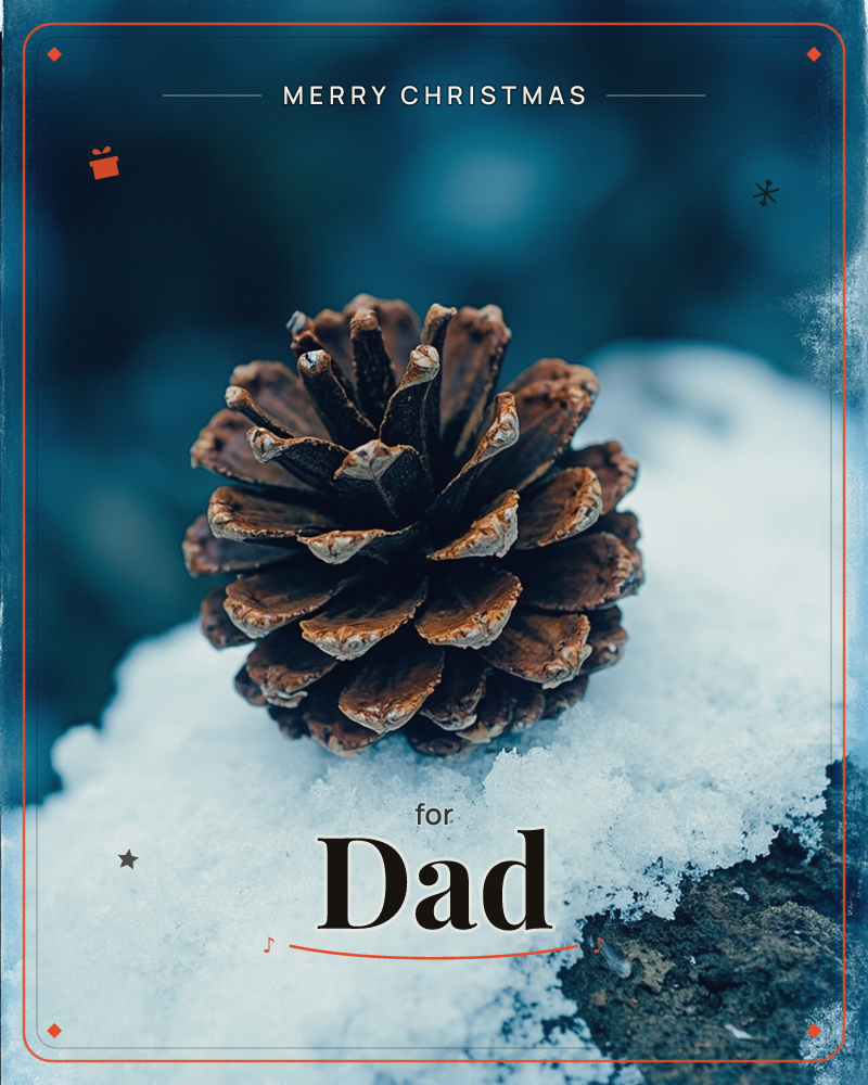 A single pinecone rests on a bed of fresh snow, its brown scales edged with frost and faint gold light, a christmas e-card design