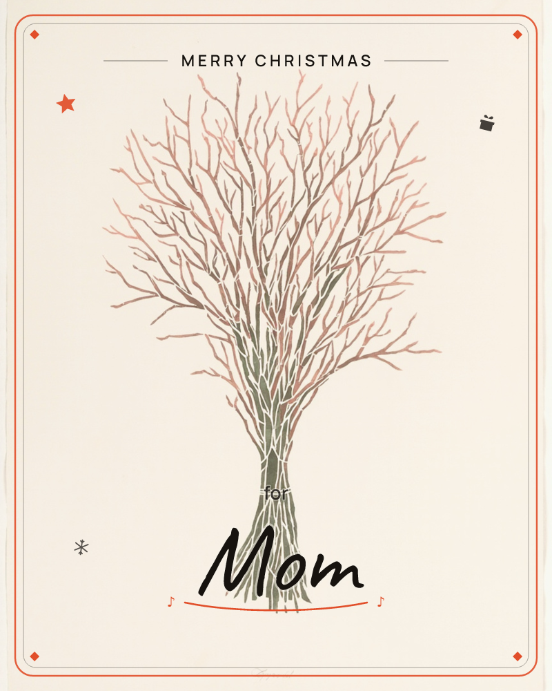 A bundle of bare branches stands upright like a gathered bouquet, bound near the base and fanning out into a wide crown of twigs, a christmas e-card design