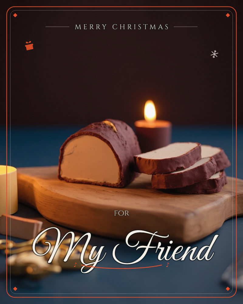 A pâté log with a dark rind sits sliced on a wooden board, warm candlelight glowing beside it against a deep navy backdrop, a christmas e-card design
