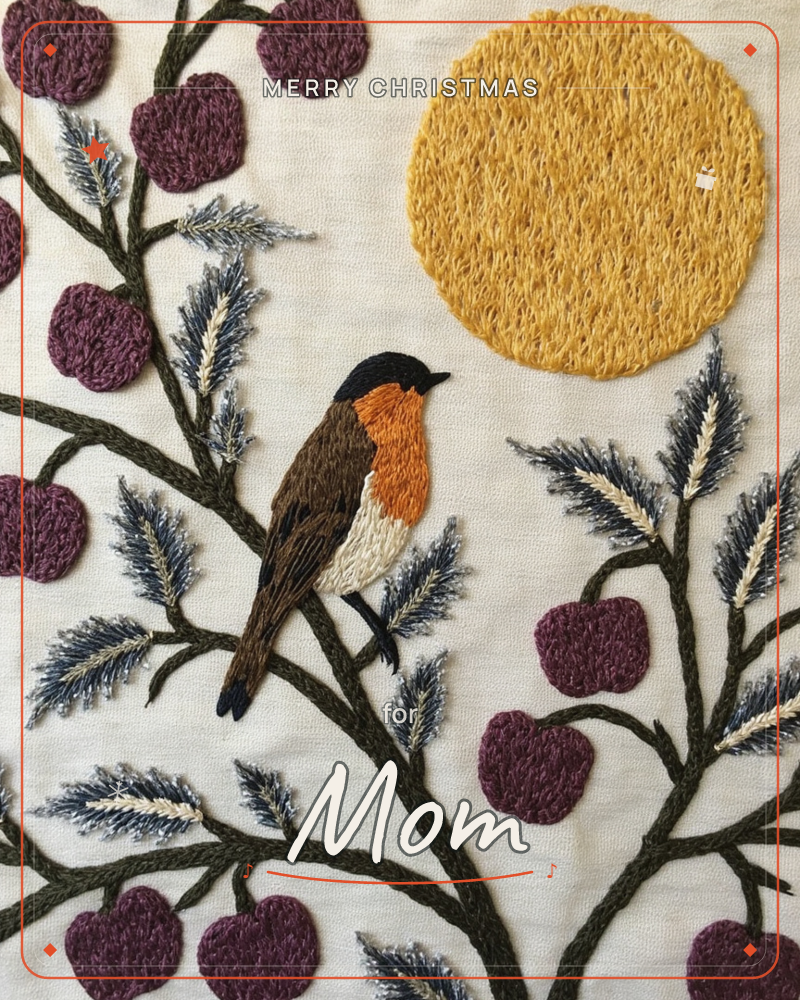 An embroidered textile piece shows an orange-breasted bird perched on a berry-laden branch, stitched in dense wool thread against pale linen, a christmas e-card design