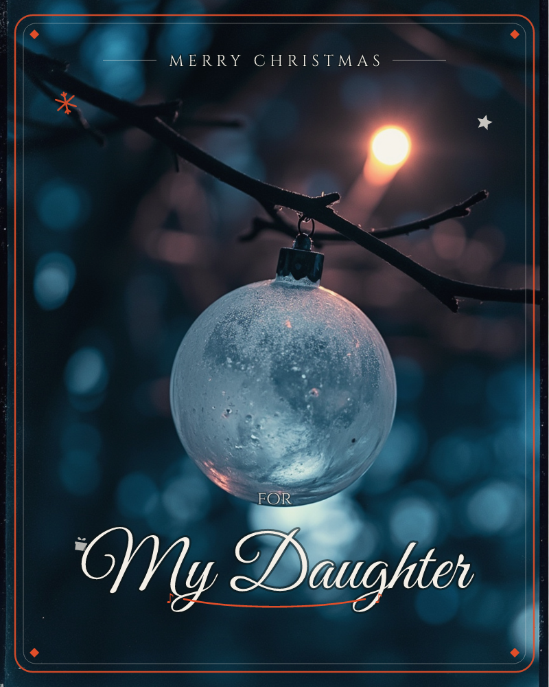 A single frosted glass bauble hangs from a bare, dark branch against a night sky glowing with soft blue bokeh and one warm amber light in the distance, a christmas e-card design