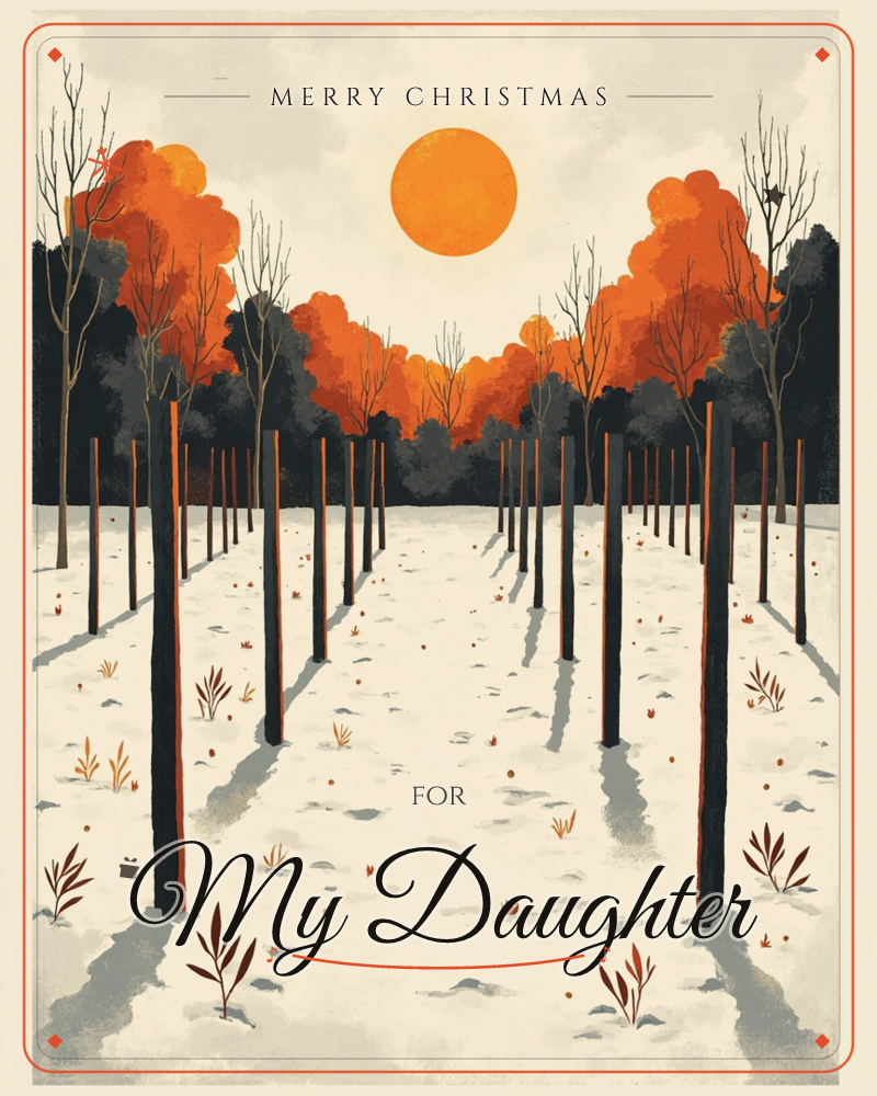 A snow-covered avenue lined with bare, dark tree trunks stretches toward a glowing orange sun sinking behind a distant blaze of autumn-coloured trees, a christmas e-card design