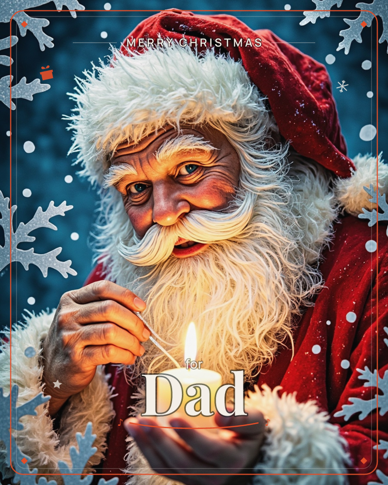 A close-up portrait of Santa Claus in his red fur-trimmed coat and hood, carefully lighting a small candle cupped in his palm, a christmas e-card design
