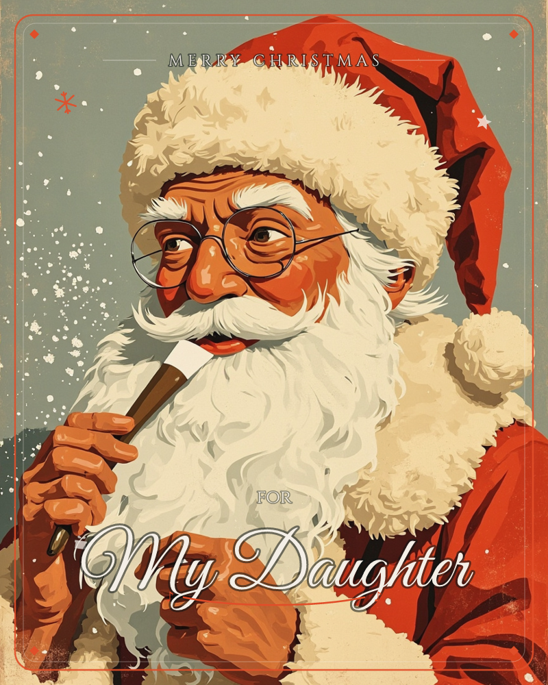 A close-up portrait of Santa Claus in his red hat and coat, round wire glasses catching the light as he draws thoughtfully on a wooden pipe, a christmas e-card design