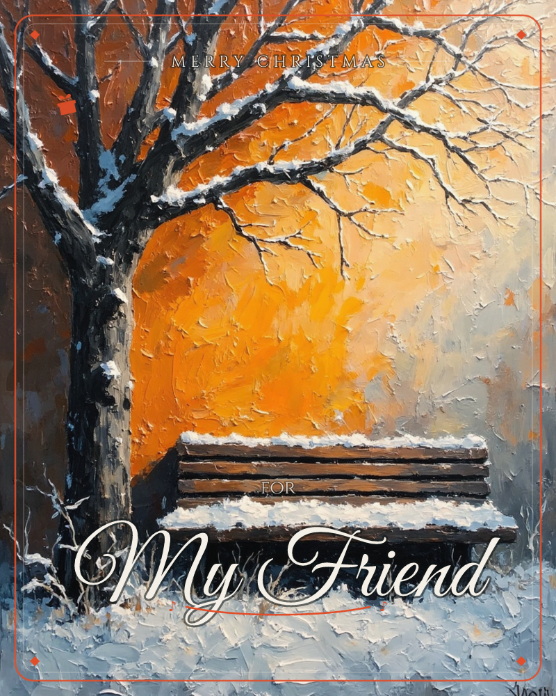 A bare, snow-dusted tree arches over an empty wooden bench, its branches traced in white against a blazing orange sky, a christmas e-card design