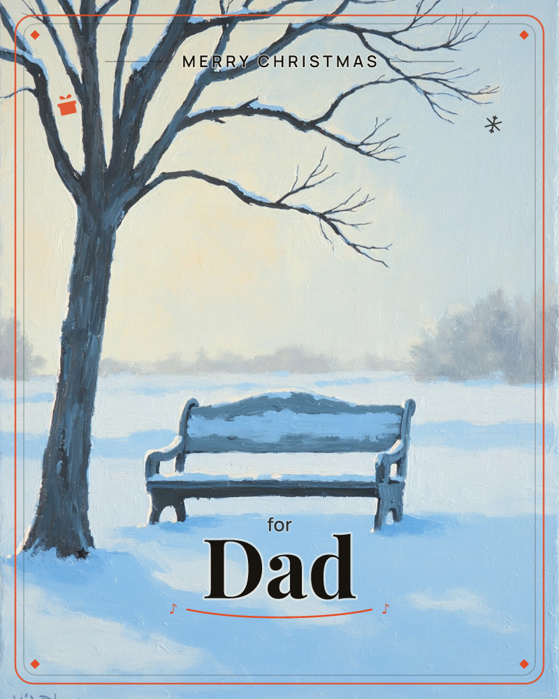 A bare-branched tree stands beside an empty park bench, both dusted with fresh snow under a pale winter sky, a christmas e-card design