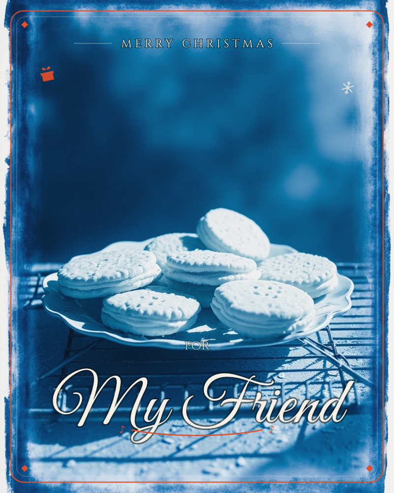A cyanotype-toned photograph shows a plate of round, sugar-dusted biscuits piled on a scalloped-edge dish, resting on a wire cooling rack, a christmas e-card design