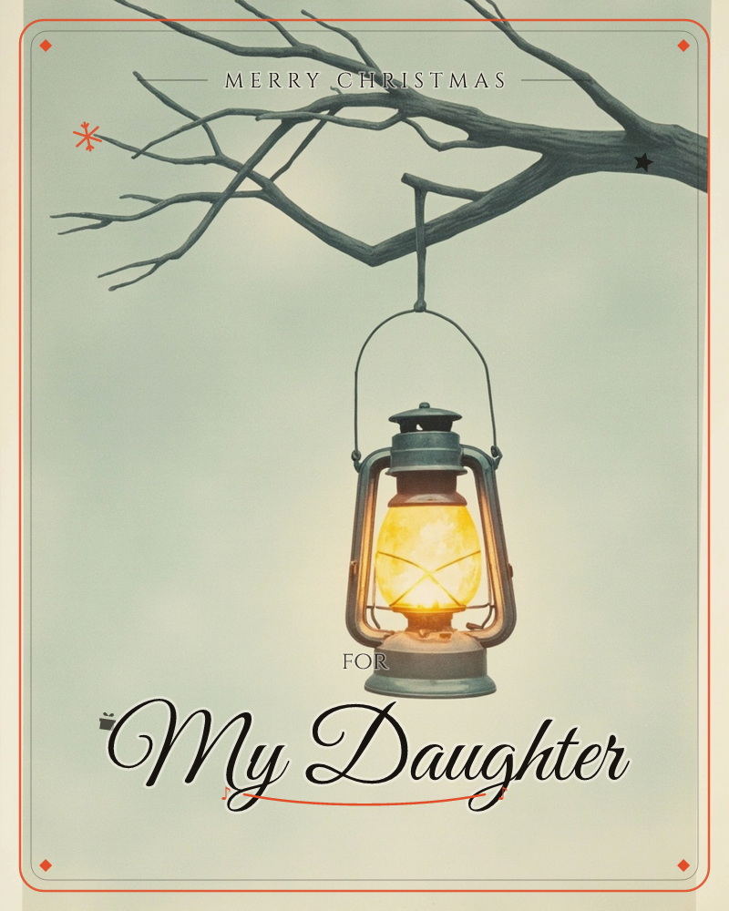 A vintage lantern hangs from a bare, leafless branch, its glass panes glowing with warm amber light against a pale, misty blue-green sky, a christmas e-card design