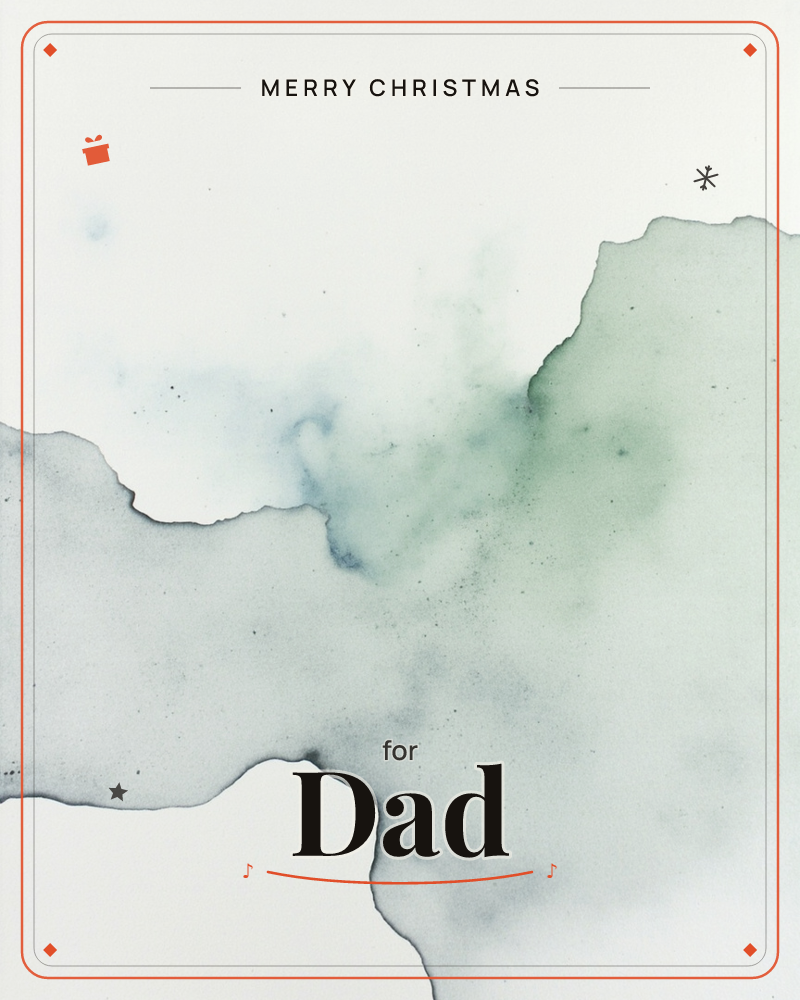 An abstract watercolour wash spreads across cream paper, its edges bleeding into jagged, cloud-like borders of pale sage green and soft blue-grey, a christmas e-card design