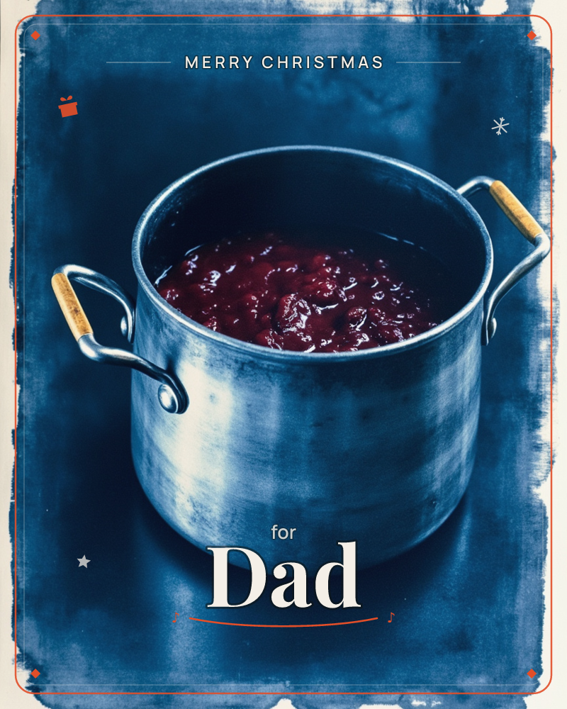 A cyanotype-style print shows a metal stockpot with wooden-handled grips, filled with a rich simmering berry compote or cranberry sauce, a christmas e-card design