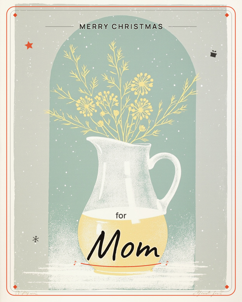 A round-bellied pitcher, half filled with warm yellow liquid, holds a spray of delicate wildflowers rendered in the same golden tone against a muted…, a christmas e-card design