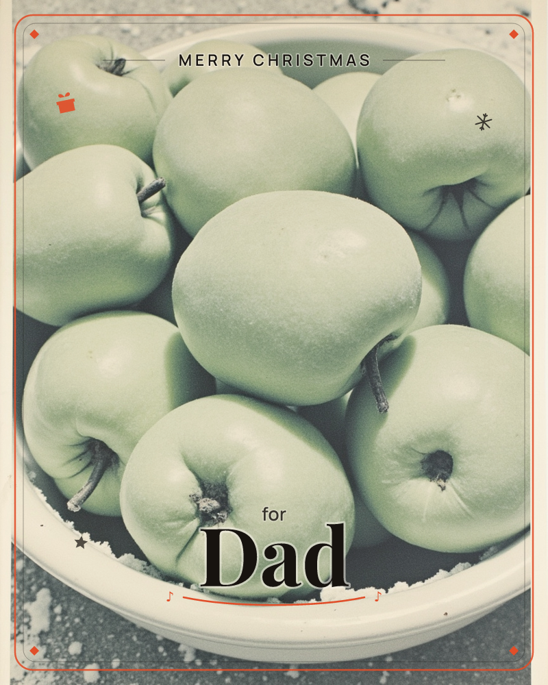 A worn white enamel bowl overflows with pale green apples, photographed close-up in a faded, sun-bleached style, a christmas e-card design