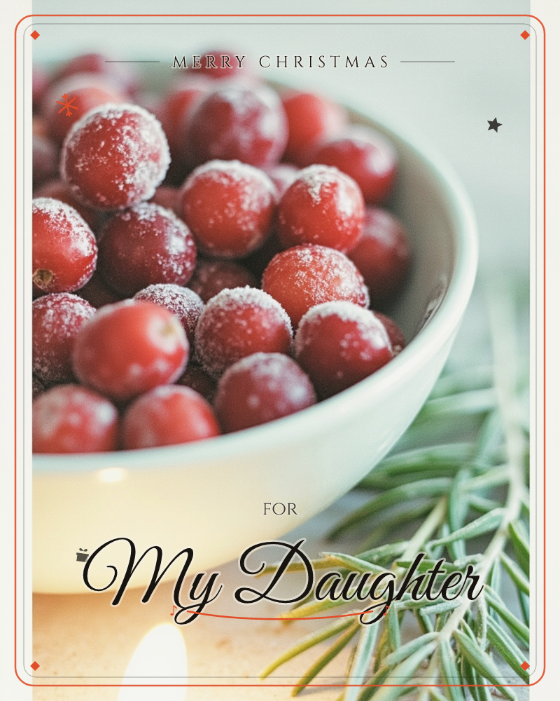 A white bowl is piled high with sugared cranberries, their frosted coating catching a warm candlelight glow from below, a christmas e-card design