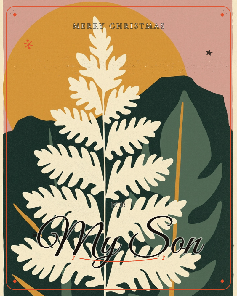 A large cream-colored fern frond stands in silhouette against a mustard-orange sun rising behind dark mountain peaks, a christmas e-card design