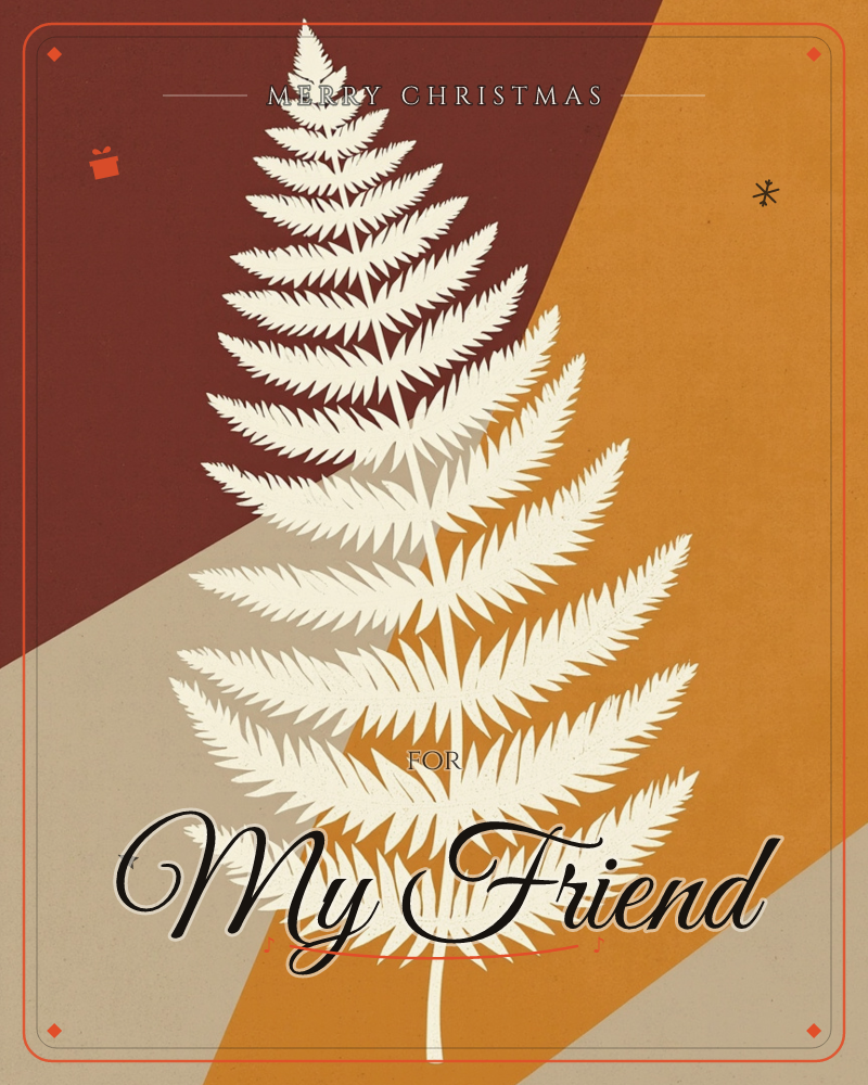 A large cream-white fern frond stands silhouetted against a geometric backdrop split into angular blocks of deep maroon, burnt orange, and warm tan, a christmas e-card design