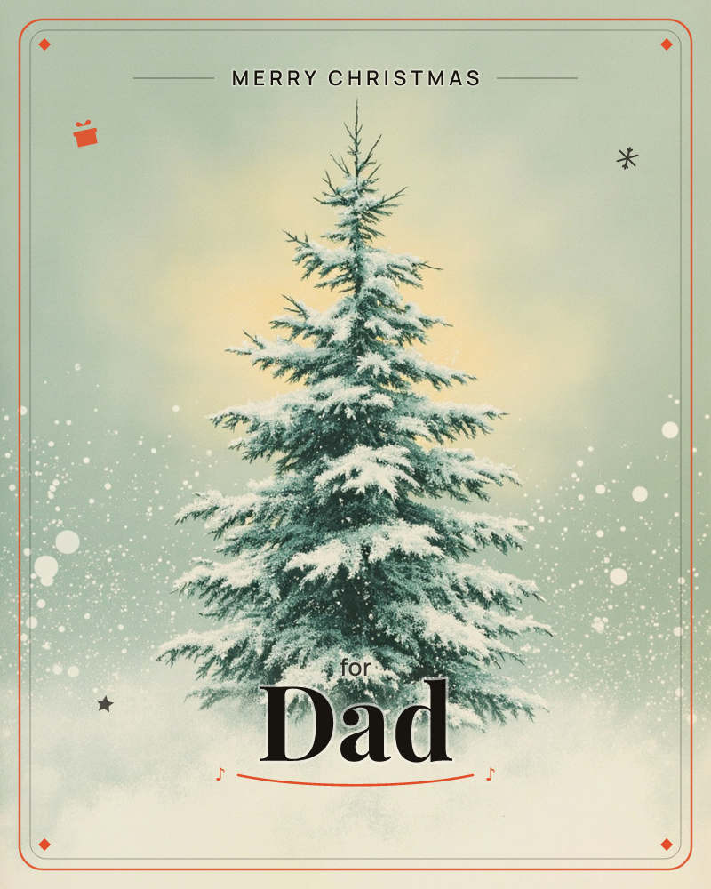 A single snow-laden fir tree stands alone against a hazy sage-green sky, a soft glow of pale gold light spilling from behind its branches, a christmas e-card design