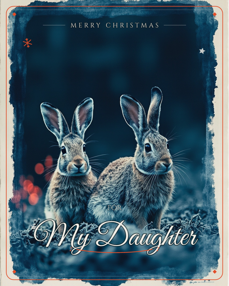Two wild rabbits sit side by side on rough dark earth, ears tall and alert, caught in a dim blue twilight glow with faint red lights blurred in the…, a christmas e-card design