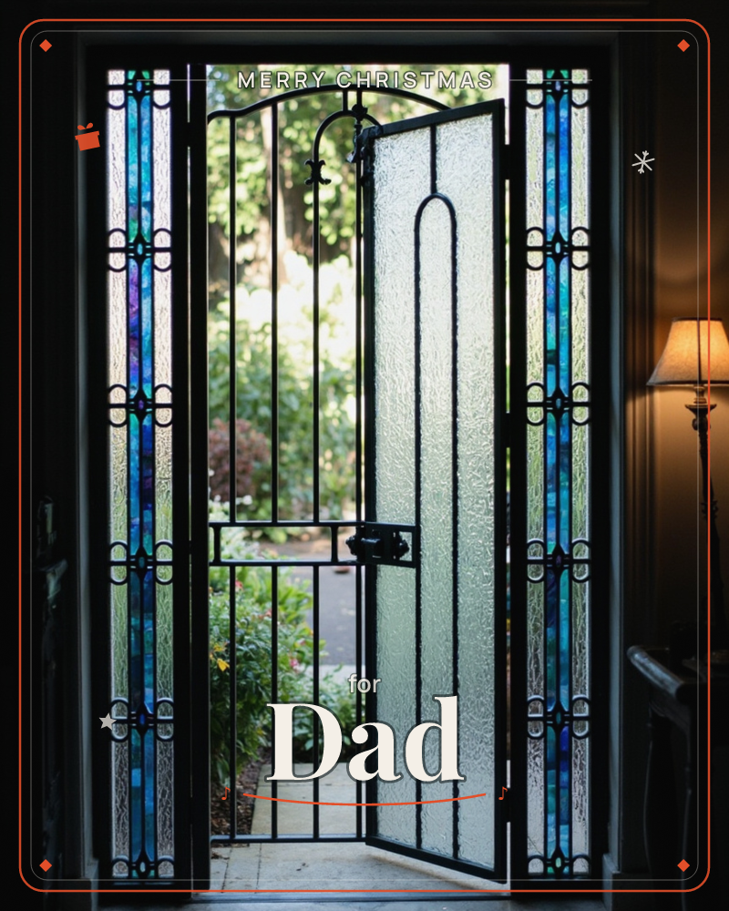 An open wrought-iron and textured-glass door frames a glimpse of a leafy garden path beyond, flanked by tall stained-glass panels in blues and violets, a christmas e-card design